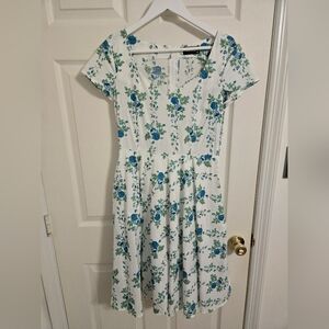 Revival Fit And Flare Floral Print Pinup Retro Dress in Blue and White Size 10